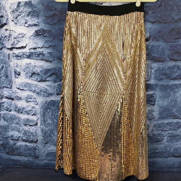 ZARA Gold LIMITED EDITION SEQUIN Geometric Diamond Pattern Skirt - Picture 3 of 9